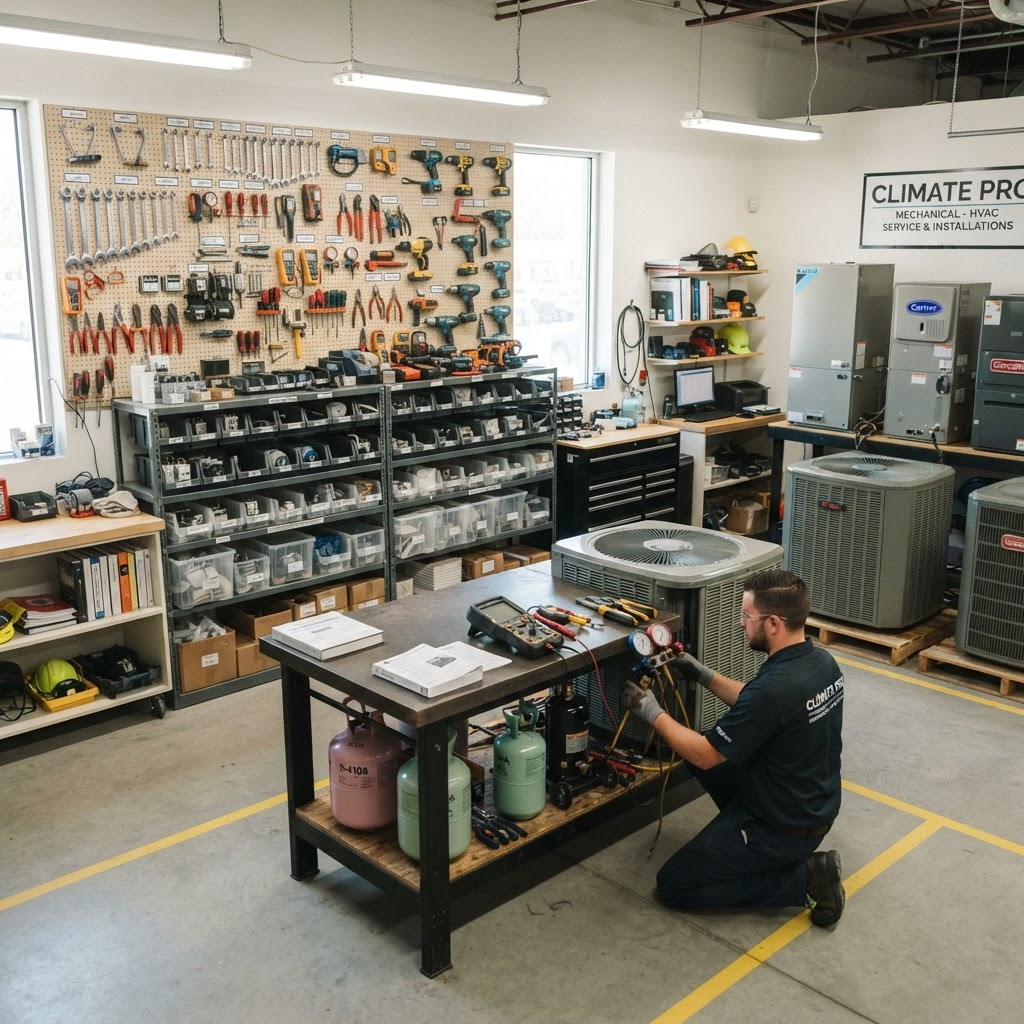 Maheshwari HVAC Solutions workshop with tools and air conditioning units