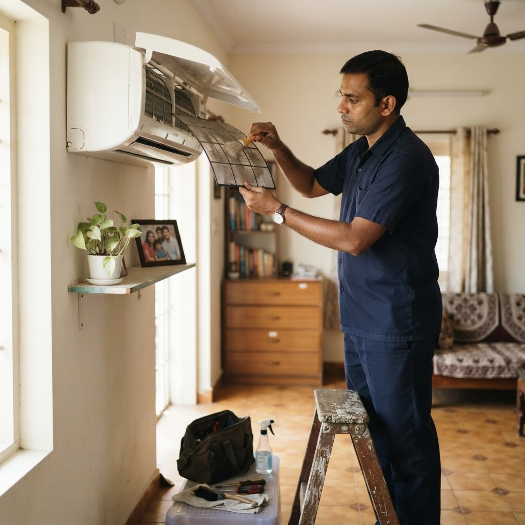 Technician servicing an air conditioner filter