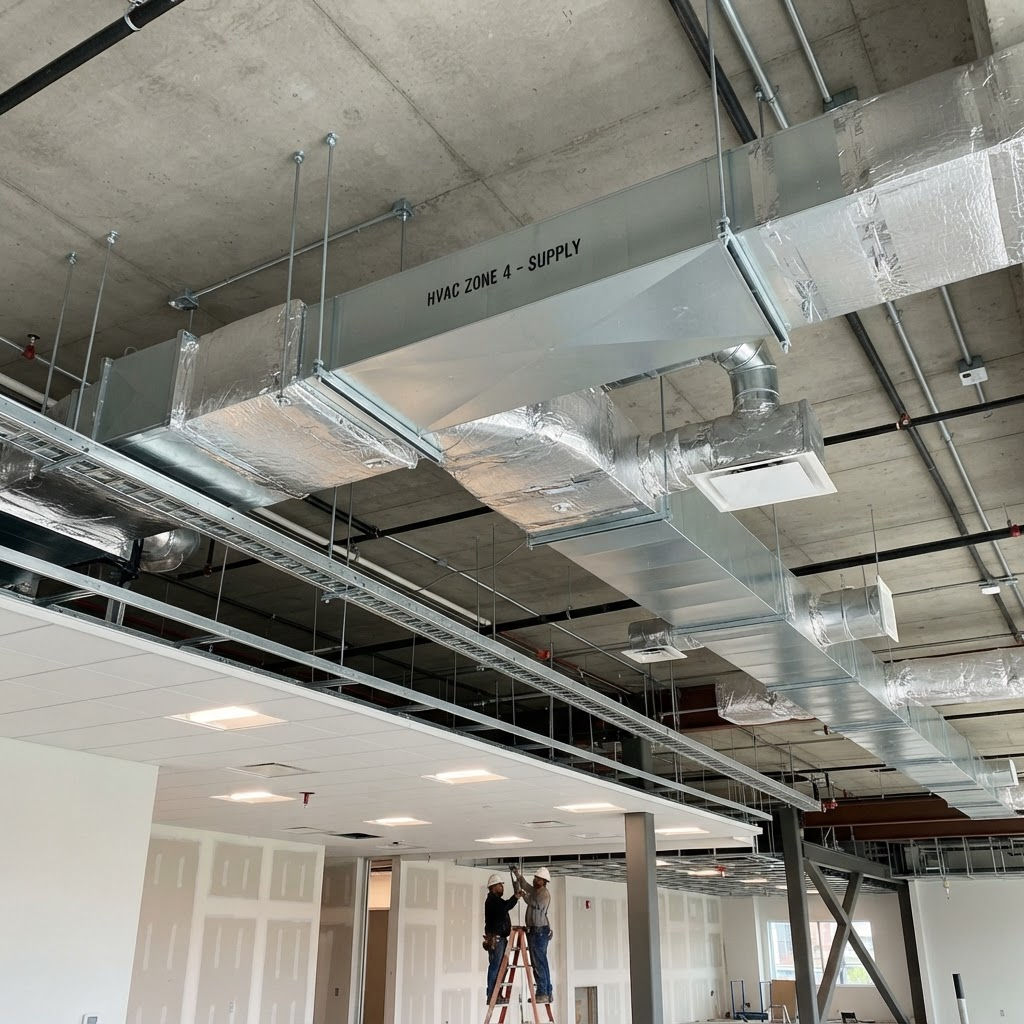 Sheet metal HVAC ductwork installed along a ceiling