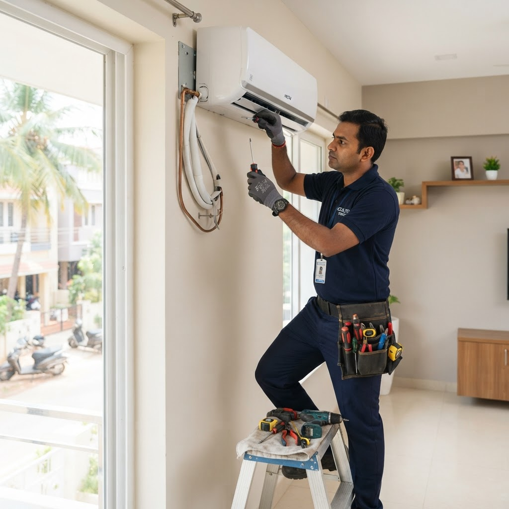 Technician installing a split air conditioning unit indoors