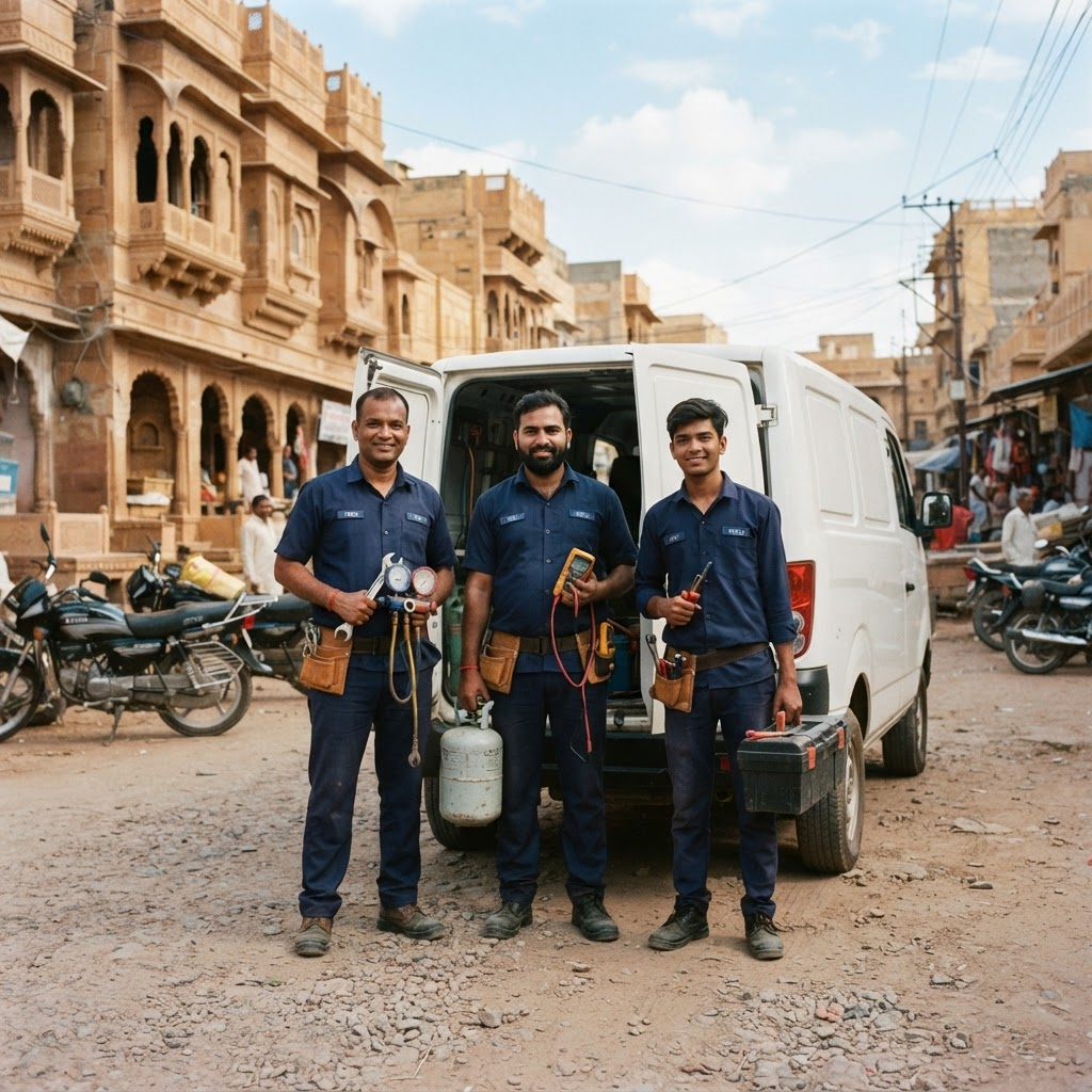 HVAC technicians standing next to a service van