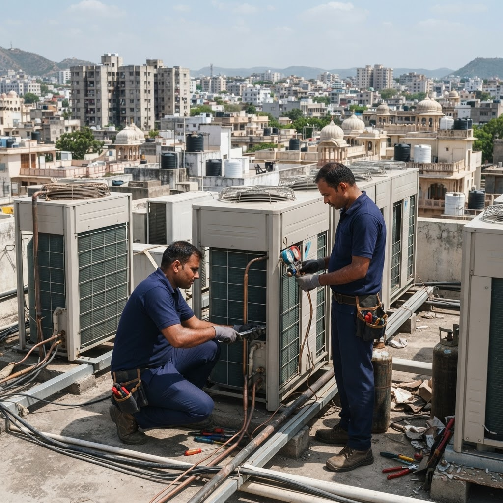 Commercial VRF outdoor condenser units on a rooftop